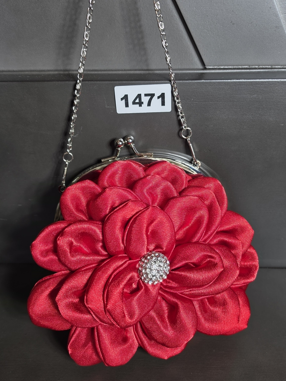 Daniel Ames Couture Vintage Red Floral Satin Kiss Lock Purse Rhinestone Silver - Picture 2 of 8